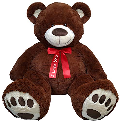 Anico 59" Tall (5 Feet) Giant Plush Chocolate Brown Teddy Bear with "I Love You" Red Ribbon, Embroidered Paws, and Smiling Face