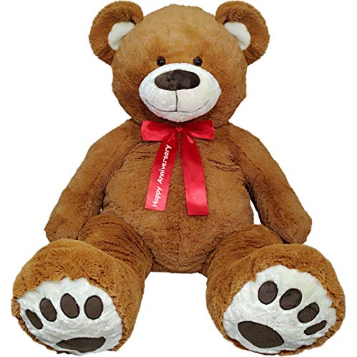 Anico 59" Tall (5 Feet) Giant Plush Brown Teddy Bear with "Happy Anniversary" Red Ribbon, Embroidered Paws, and Smiling Face