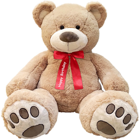 Anico 59" Tall (5 Feet) Giant Plush Teddy Bear with "Happy Birthday" Red Ribbon, Embroidered Paws, and Smiling Face