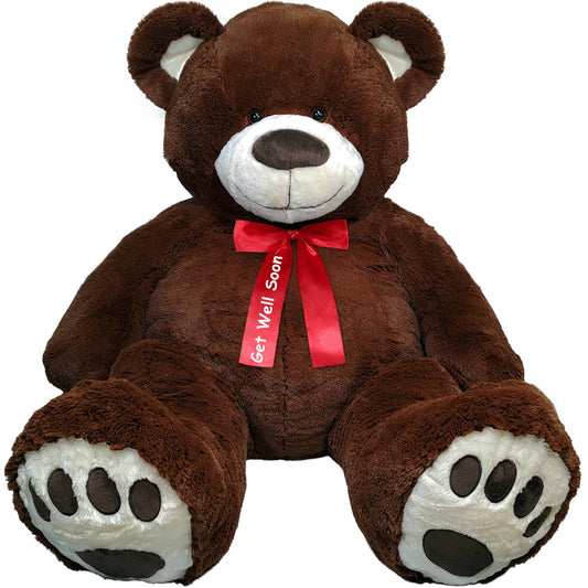 Anico 59" Tall (5 Feet) Giant Plush Chocolate Brown Teddy Bear with "Get Well Soon" Red Ribbon, Embroidered Paws, and Smiling Face