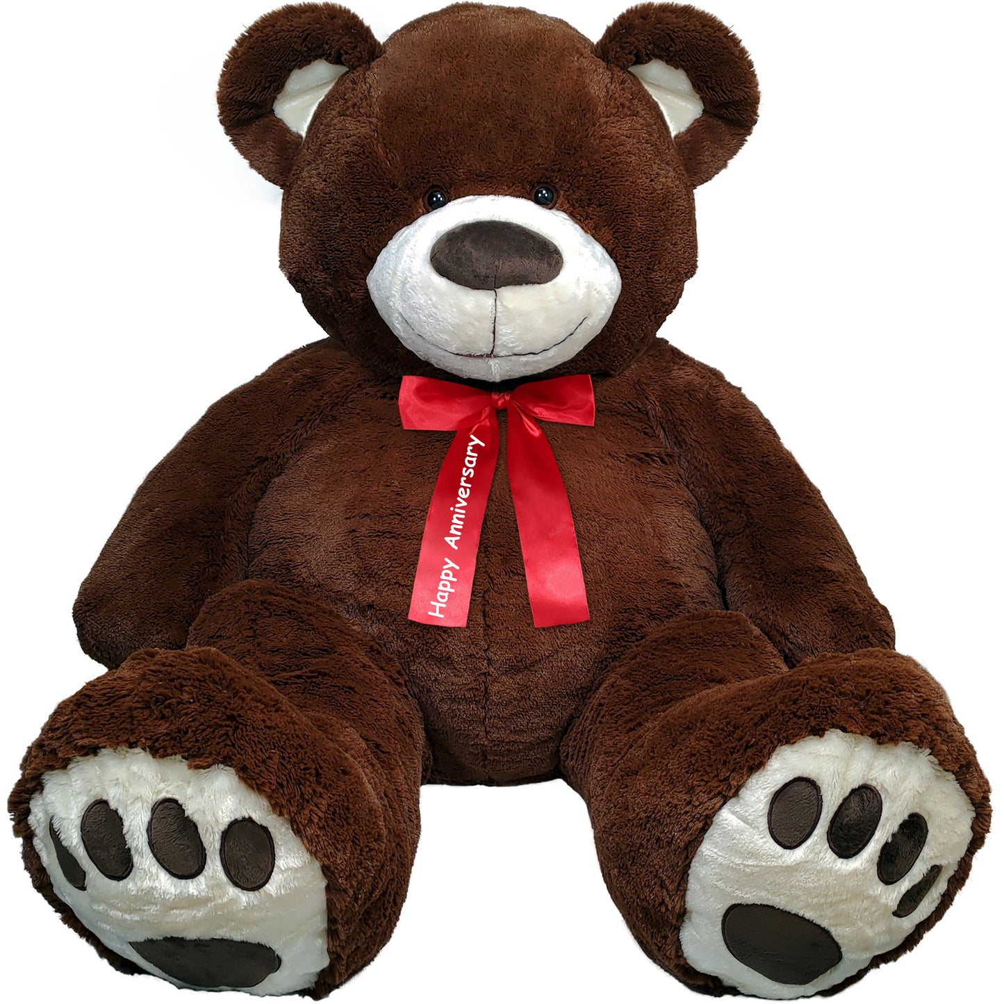 Anico 59" Tall (5 Feet) Giant Plush Chocolate Brown Teddy Bear with "Happy Anniversary" Red Ribbon, Embroidered Paws, and Smiling Face